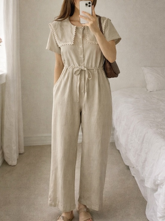 cherrykoko Pants - Cherrykoko Beige Lace Collar Jumpsuit Wide Leg Tie Waist Romper